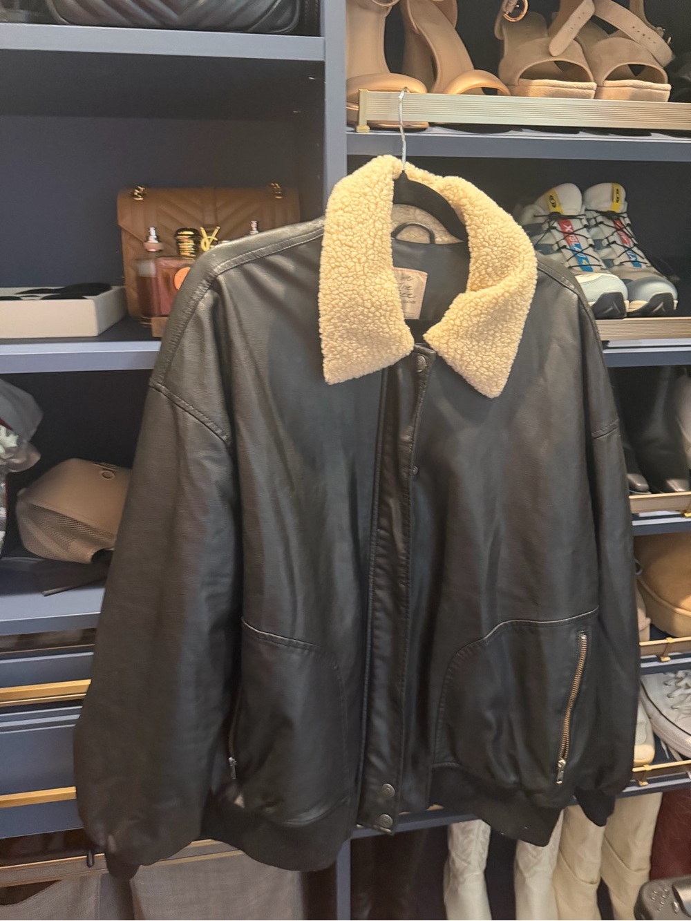 We The Free Black Bomber Jacket with Cream Sherpa Collar